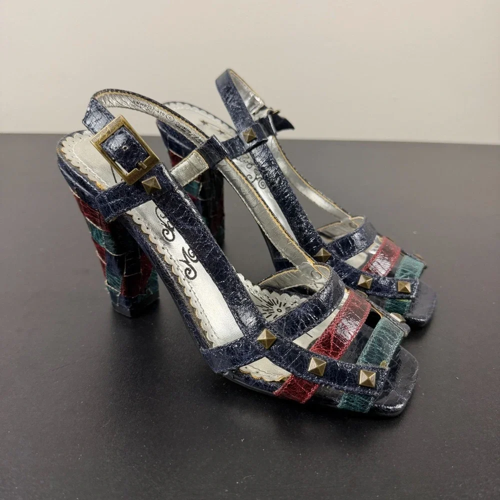 Naughty Monkey Slingback Block Heels Women's 6 Blue Leather Studded Straps Y2K